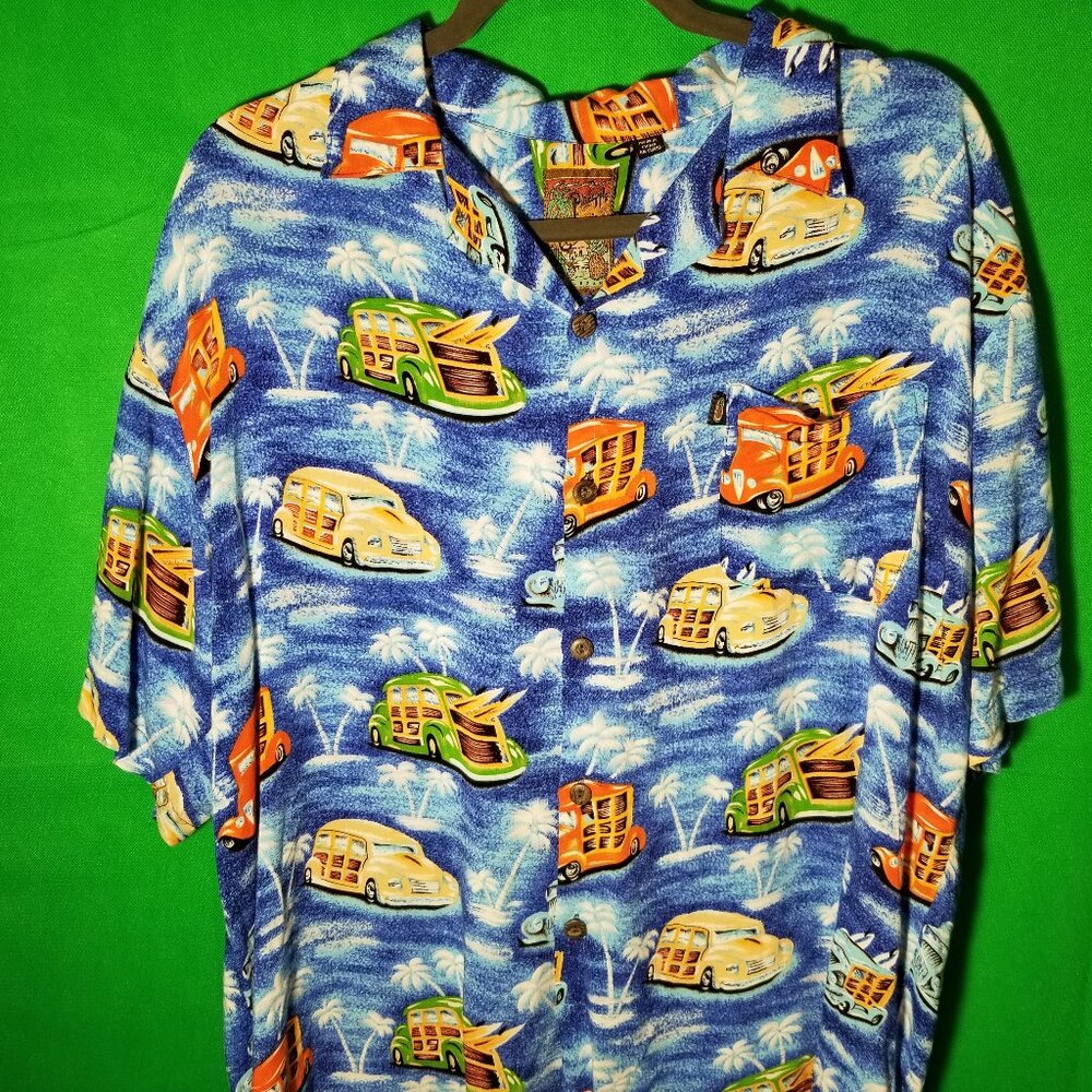 Pineapple Connection Hawaiian Shirt Mens Large Button Woody Auto Palm Trees
